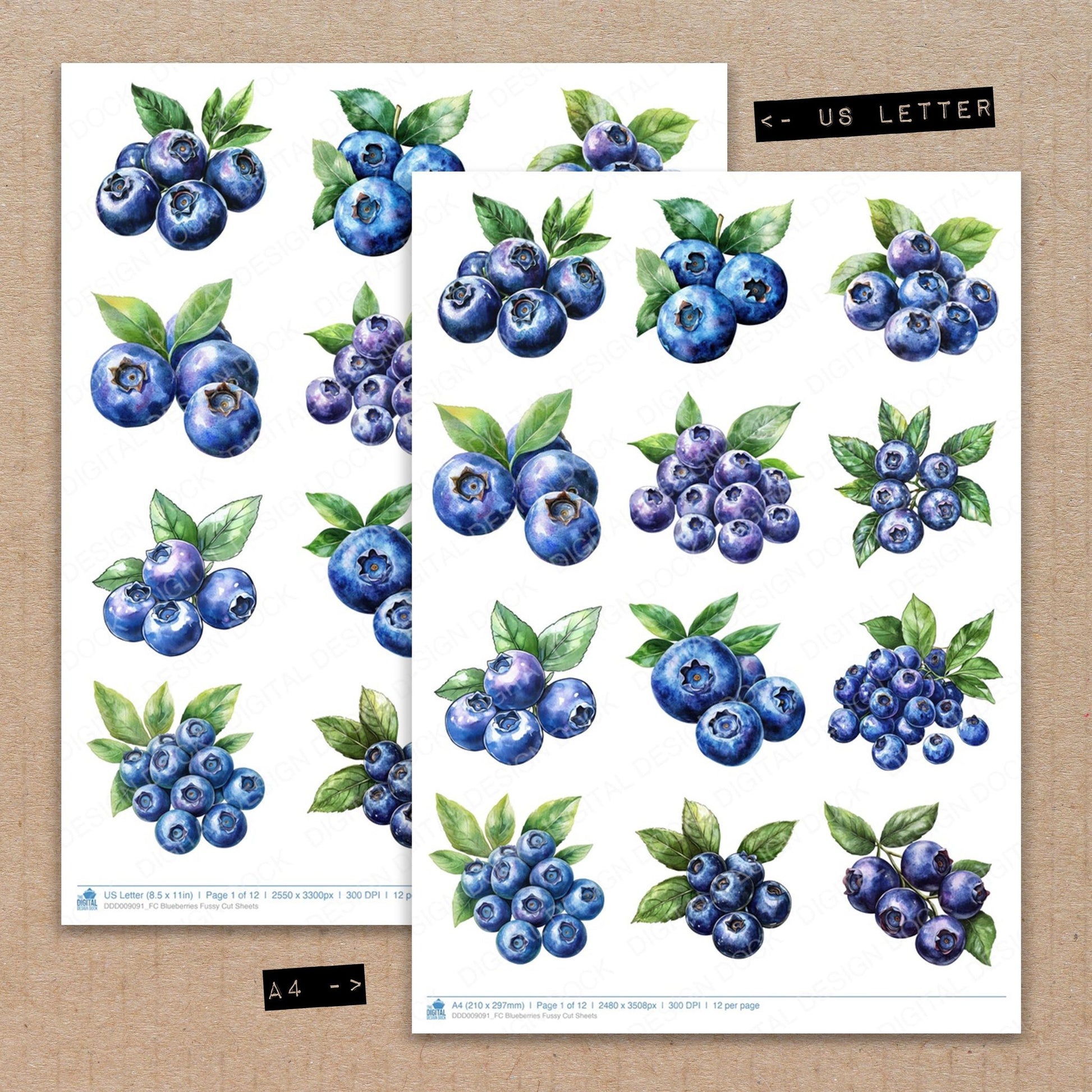 A4 and US Letter format comparison showing Blueberries fussy cut pages for print and cut crafting