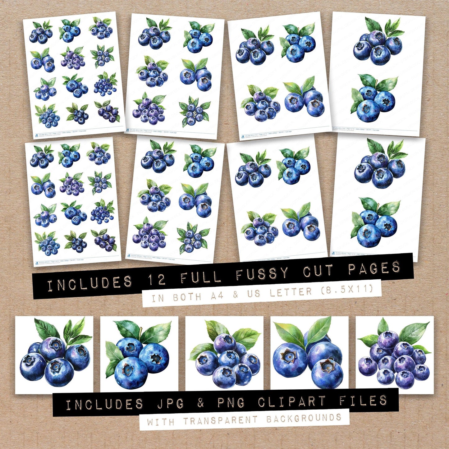 Full collection view of Blueberries fussy cut sheets with bonus clipart JPG and PNG files