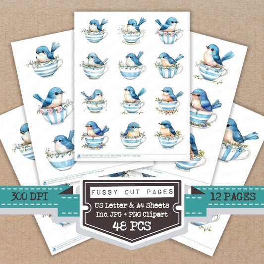 Bluebird in Striped Teacup fussy cut printable sheets for junk journaling, scrapbooking, and paper craft projects