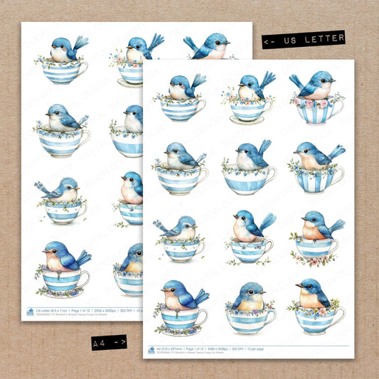 A4 and US Letter format comparison showing Bluebird in Striped Teacup fussy cut pages for print and cut crafting