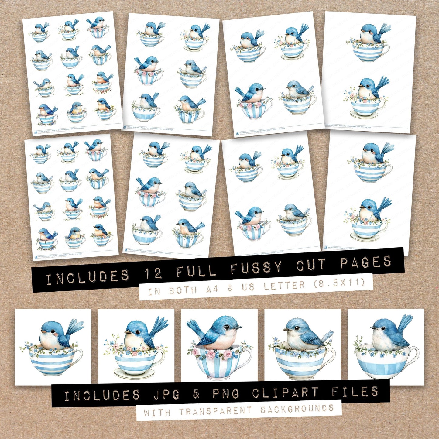 Full collection view of Bluebird in Striped Teacup fussy cut sheets with bonus clipart JPG and PNG files
