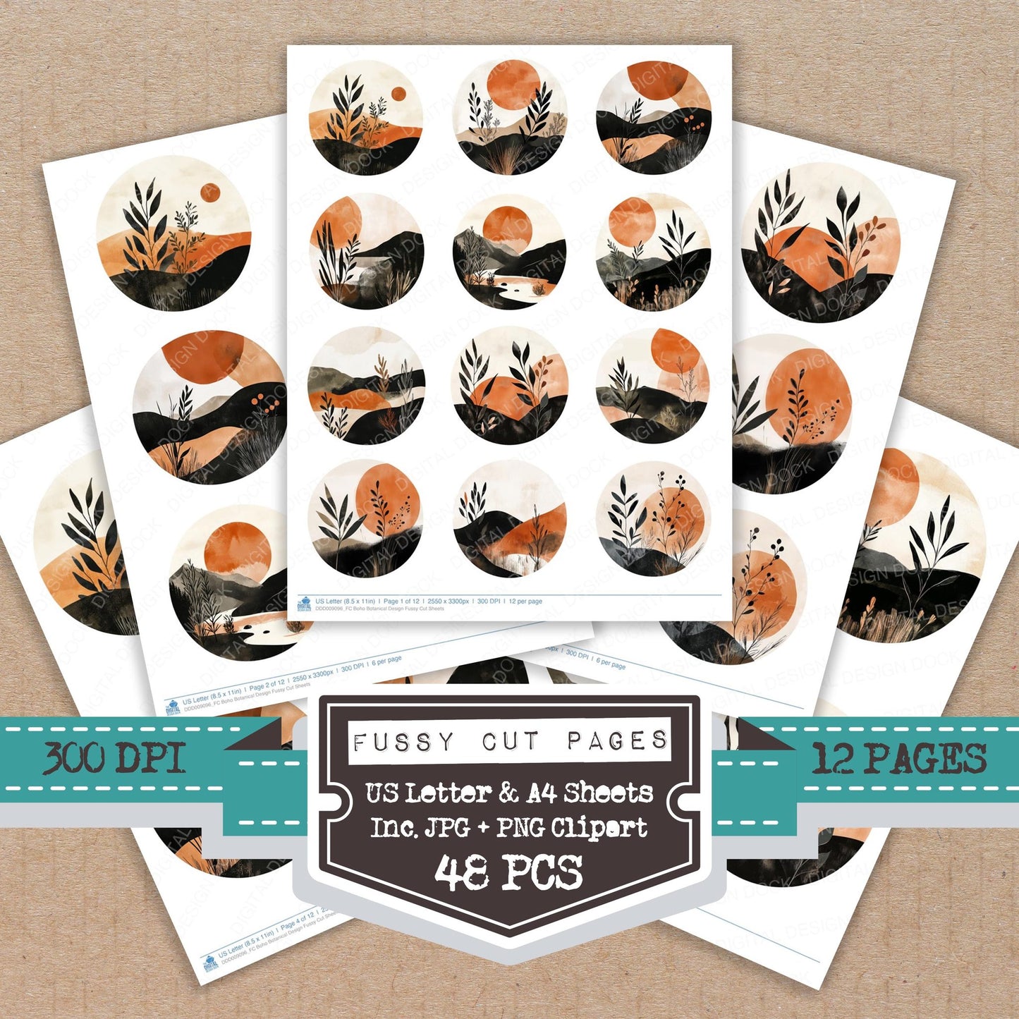 Boho Botanical Design fussy cut printable sheets for junk journaling, scrapbooking, and paper craft projects