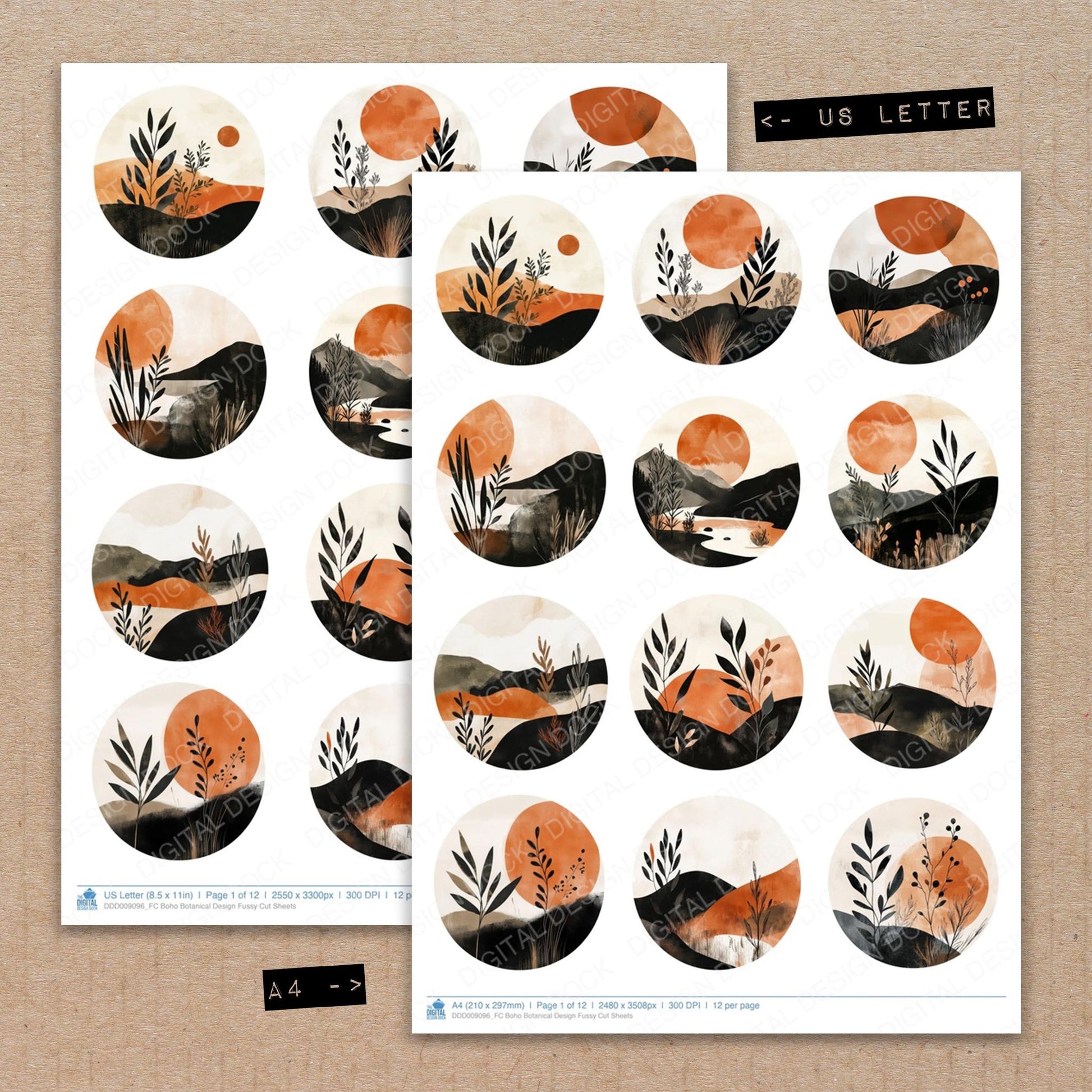 A4 and US Letter format comparison showing Boho Botanical Design fussy cut pages for print and cut crafting