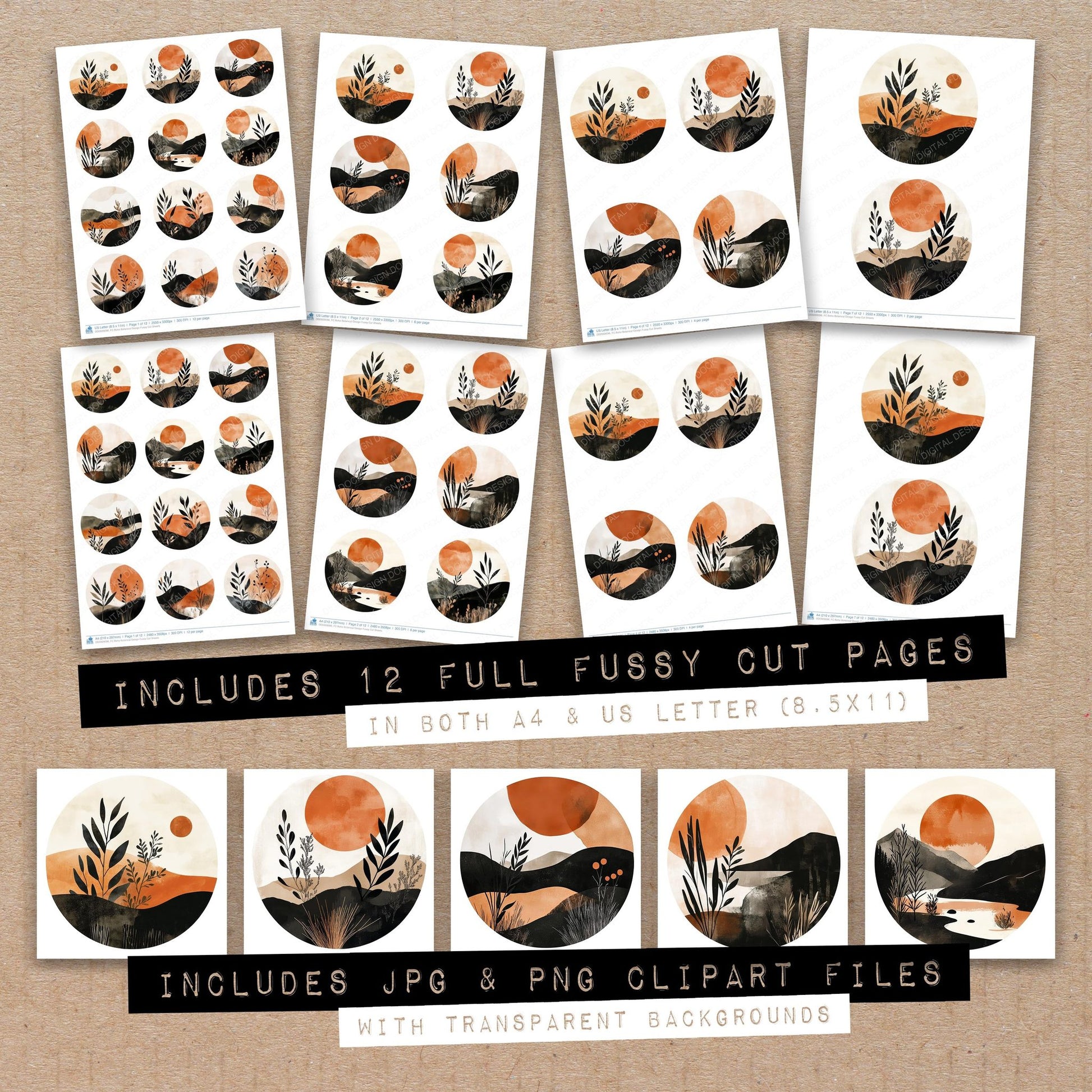 Full collection view of Boho Botanical Design fussy cut sheets with bonus clipart JPG and PNG files