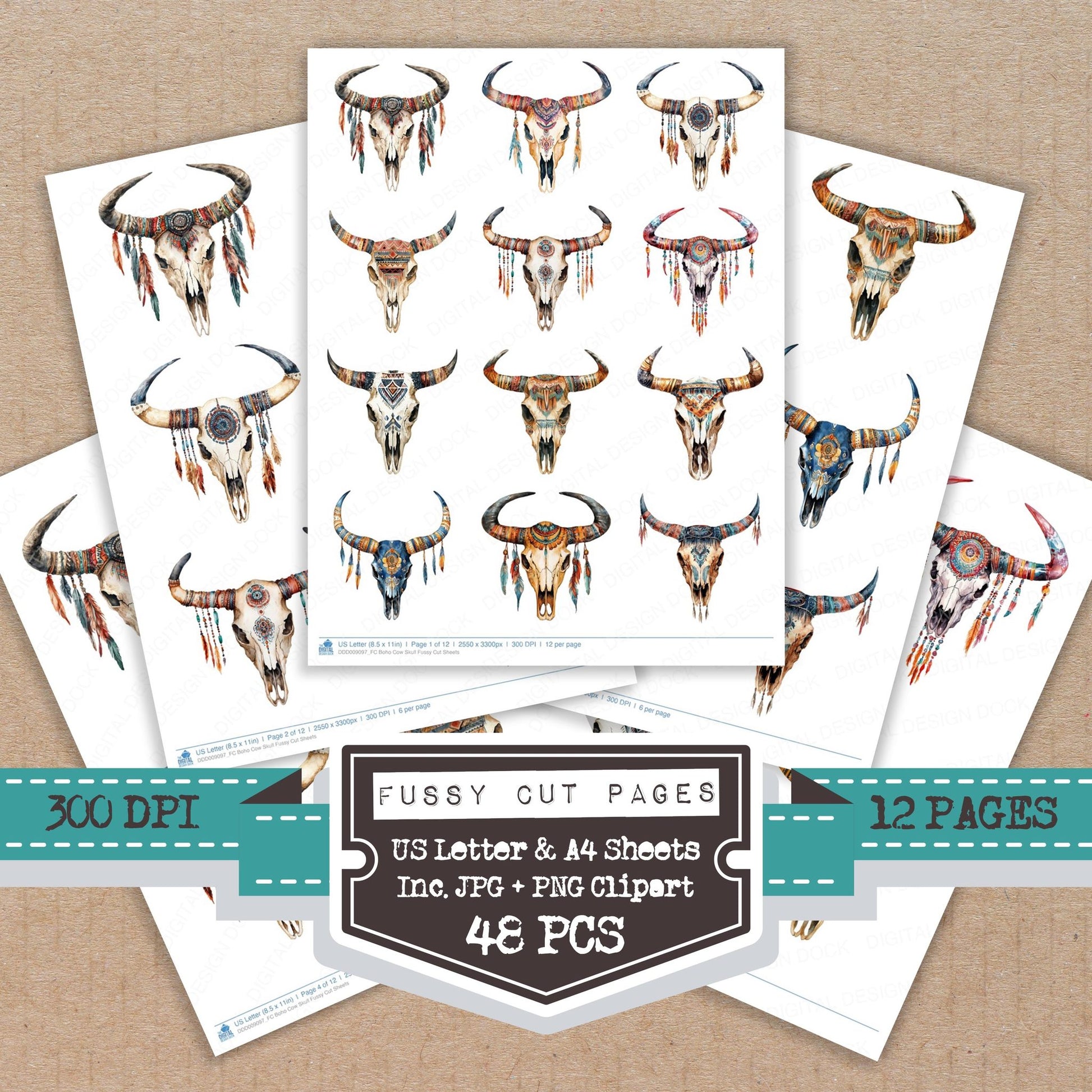 Boho Cow Skull fussy cut printable sheets for junk journaling, scrapbooking, and paper craft projects