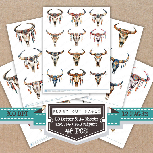 Boho Cow Skull fussy cut printable sheets for junk journaling, scrapbooking, and paper craft projects
