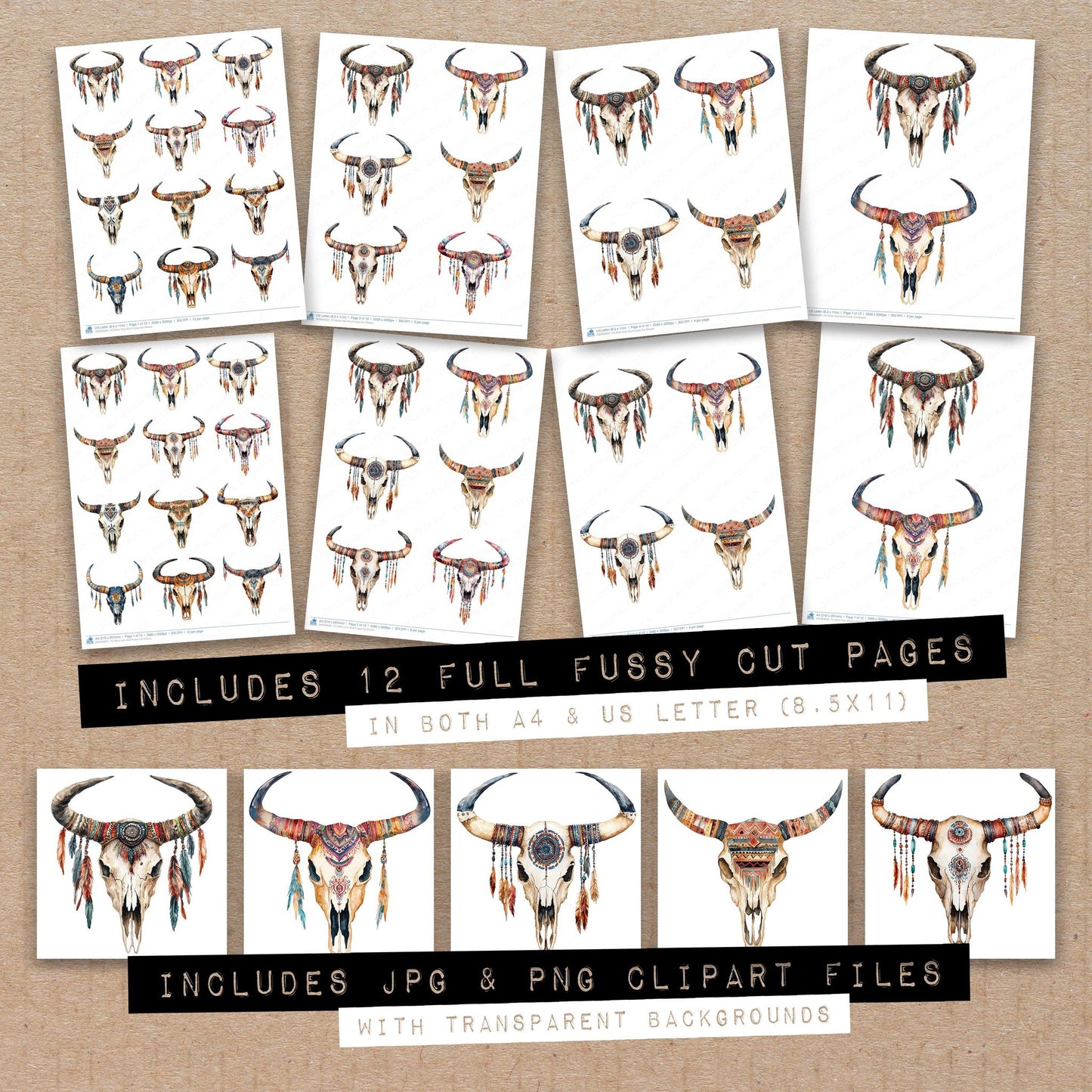 Full collection view of Boho Cow Skull fussy cut sheets with bonus clipart JPG and PNG files