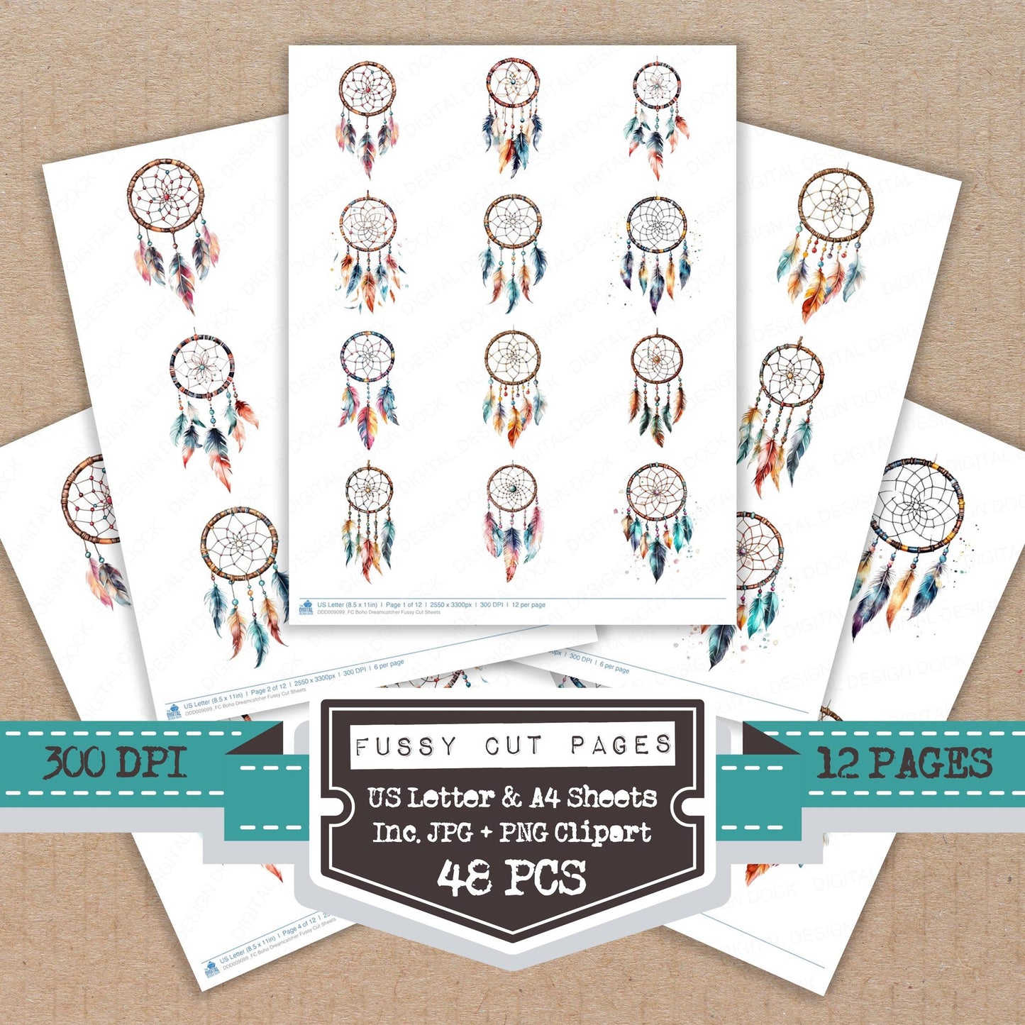 Boho Dreamcatcher fussy cut printable sheets for junk journaling, scrapbooking, and paper craft projects