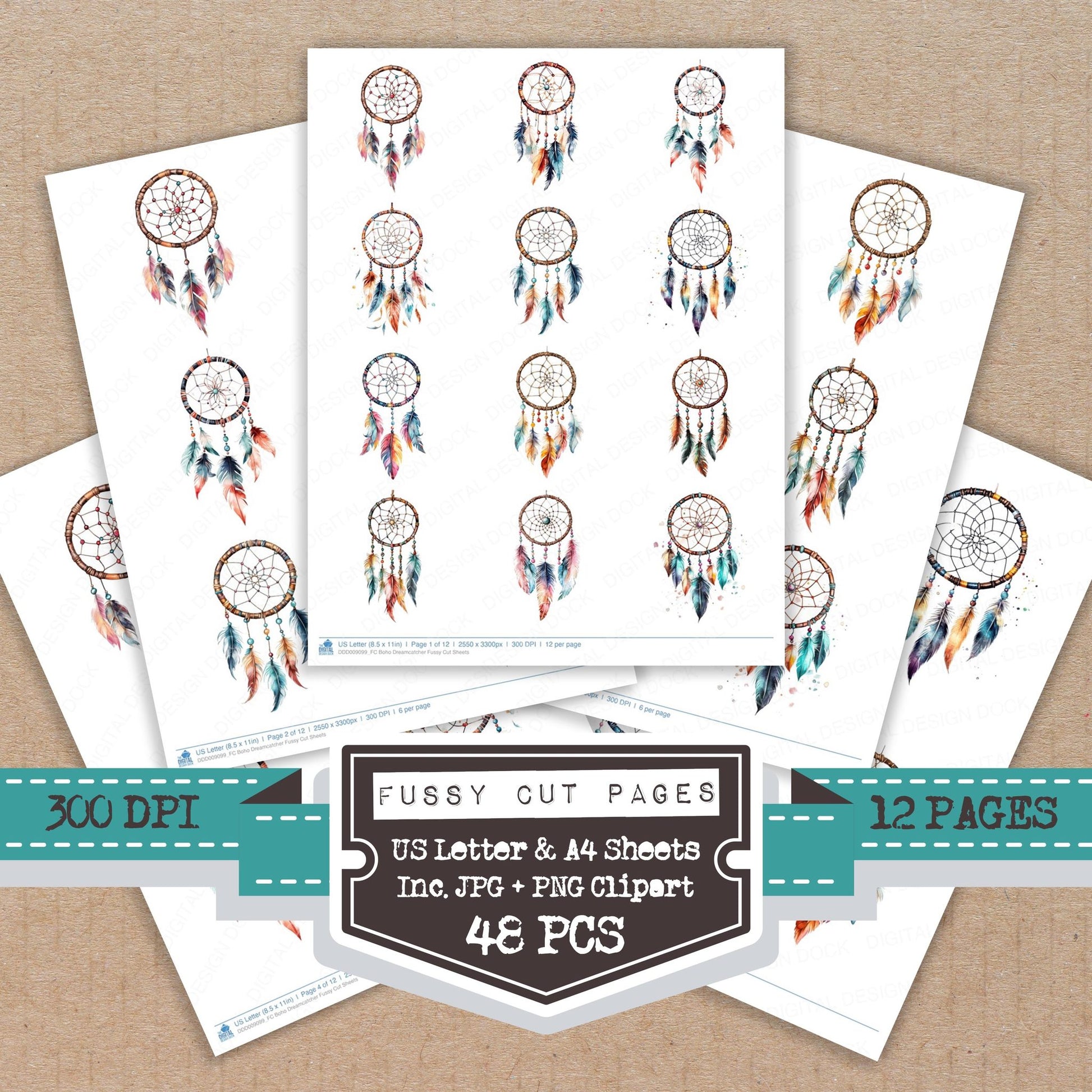 Boho Dreamcatcher fussy cut printable sheets for junk journaling, scrapbooking, and paper craft projects