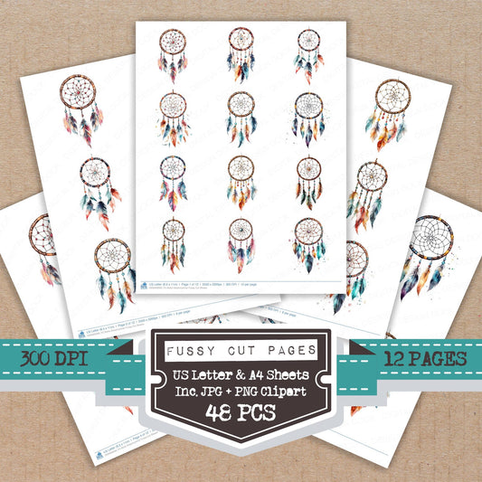 Boho Dreamcatcher fussy cut printable sheets for junk journaling, scrapbooking, and paper craft projects