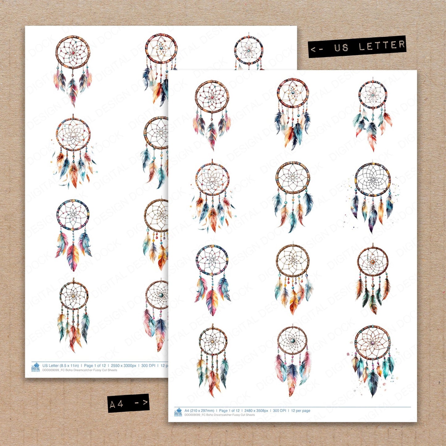 A4 and US Letter format comparison showing Boho Dreamcatcher fussy cut pages for print and cut crafting