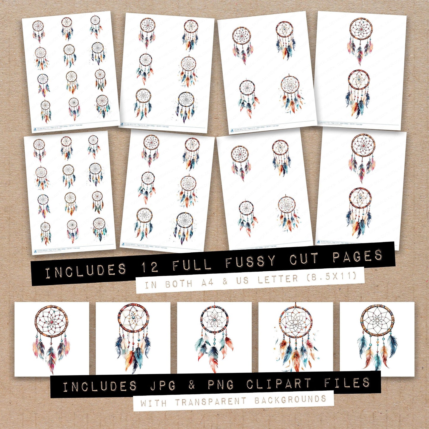 Full collection view of Boho Dreamcatcher fussy cut sheets with bonus clipart JPG and PNG files