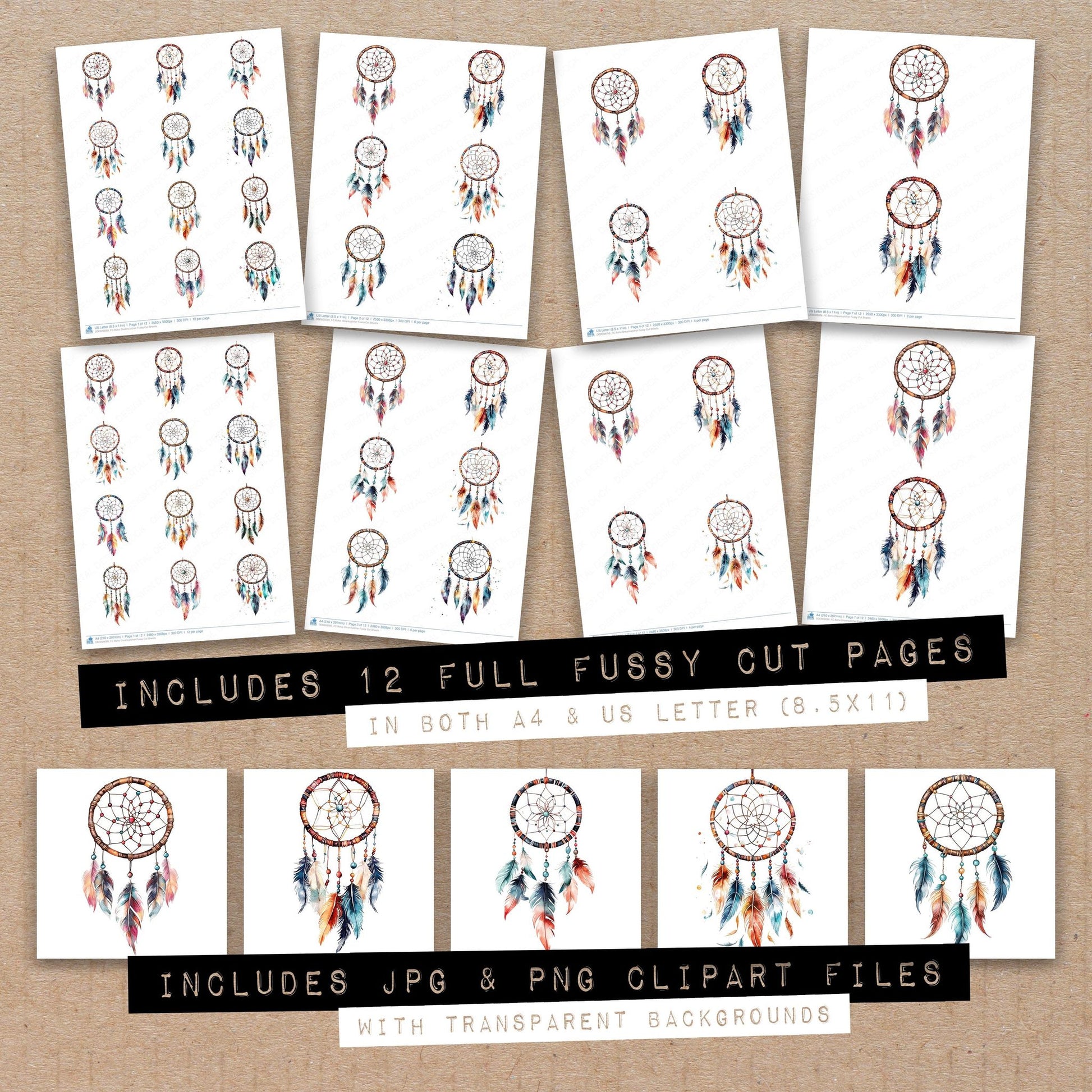 Full collection view of Boho Dreamcatcher fussy cut sheets with bonus clipart JPG and PNG files