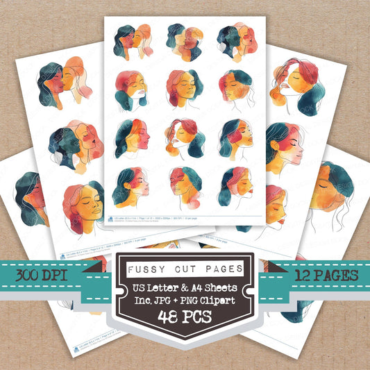 Boho Face Line Art fussy cut printable sheets for junk journaling, scrapbooking, and paper craft projects