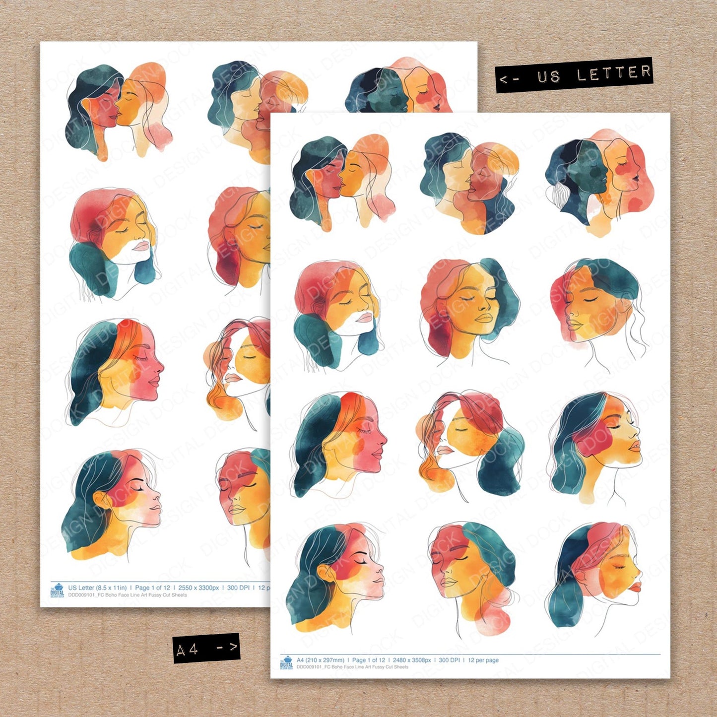 A4 and US Letter format comparison showing Boho Face Line Art fussy cut pages for print and cut crafting