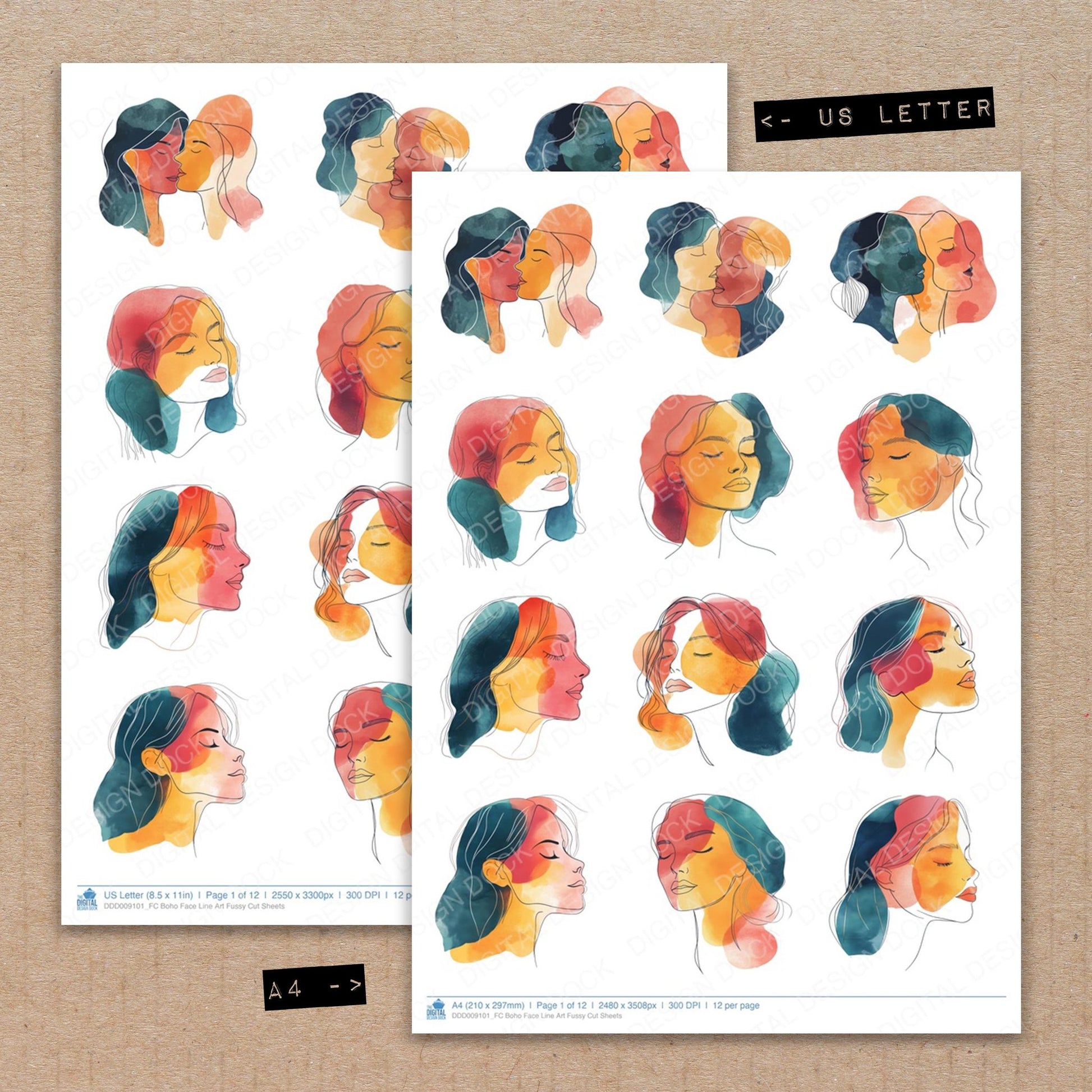 A4 and US Letter format comparison showing Boho Face Line Art fussy cut pages for print and cut crafting