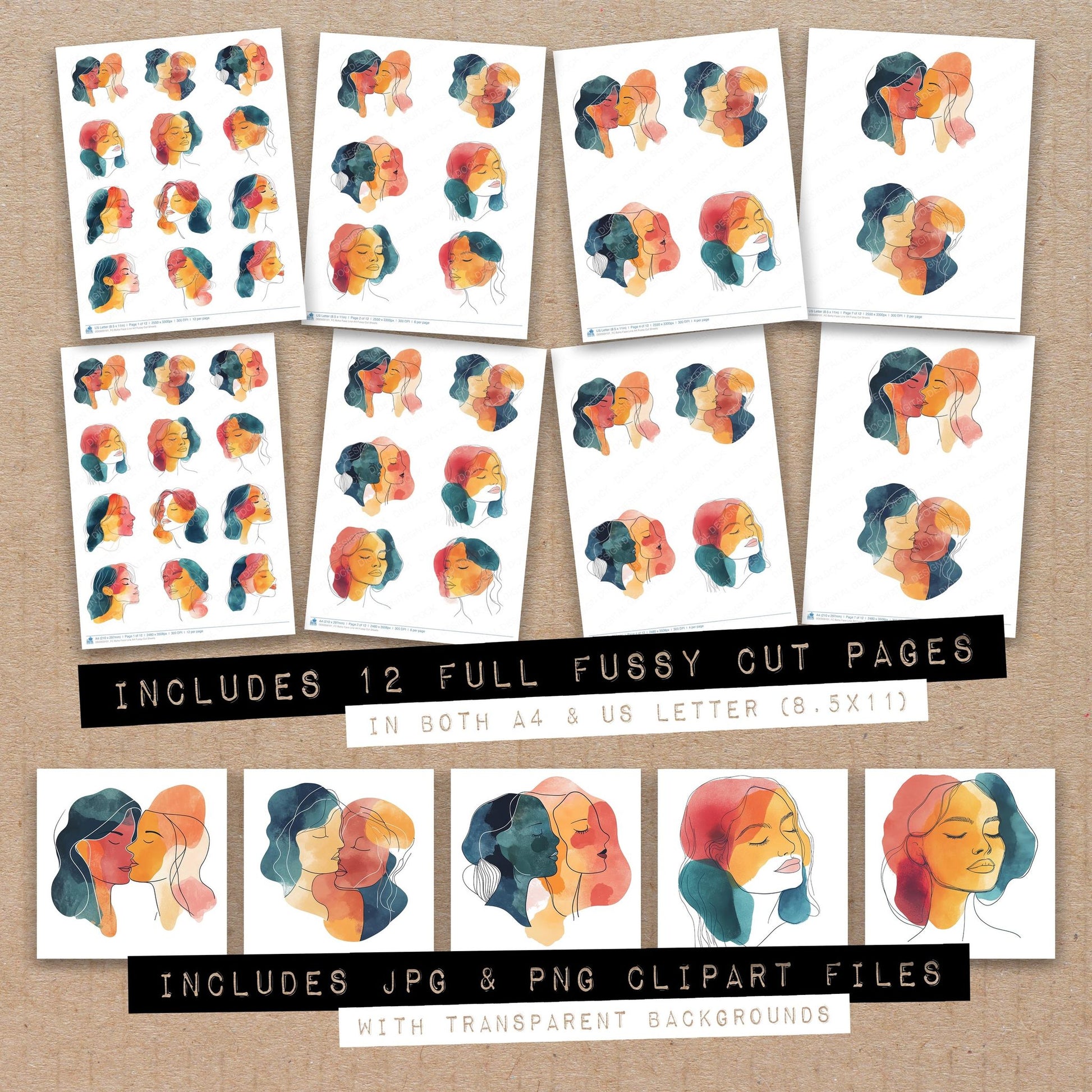 Full collection view of Boho Face Line Art fussy cut sheets with bonus clipart JPG and PNG files