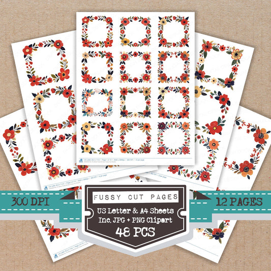 Boho Floral Border fussy cut printable sheets for junk journaling, scrapbooking, and paper craft projects