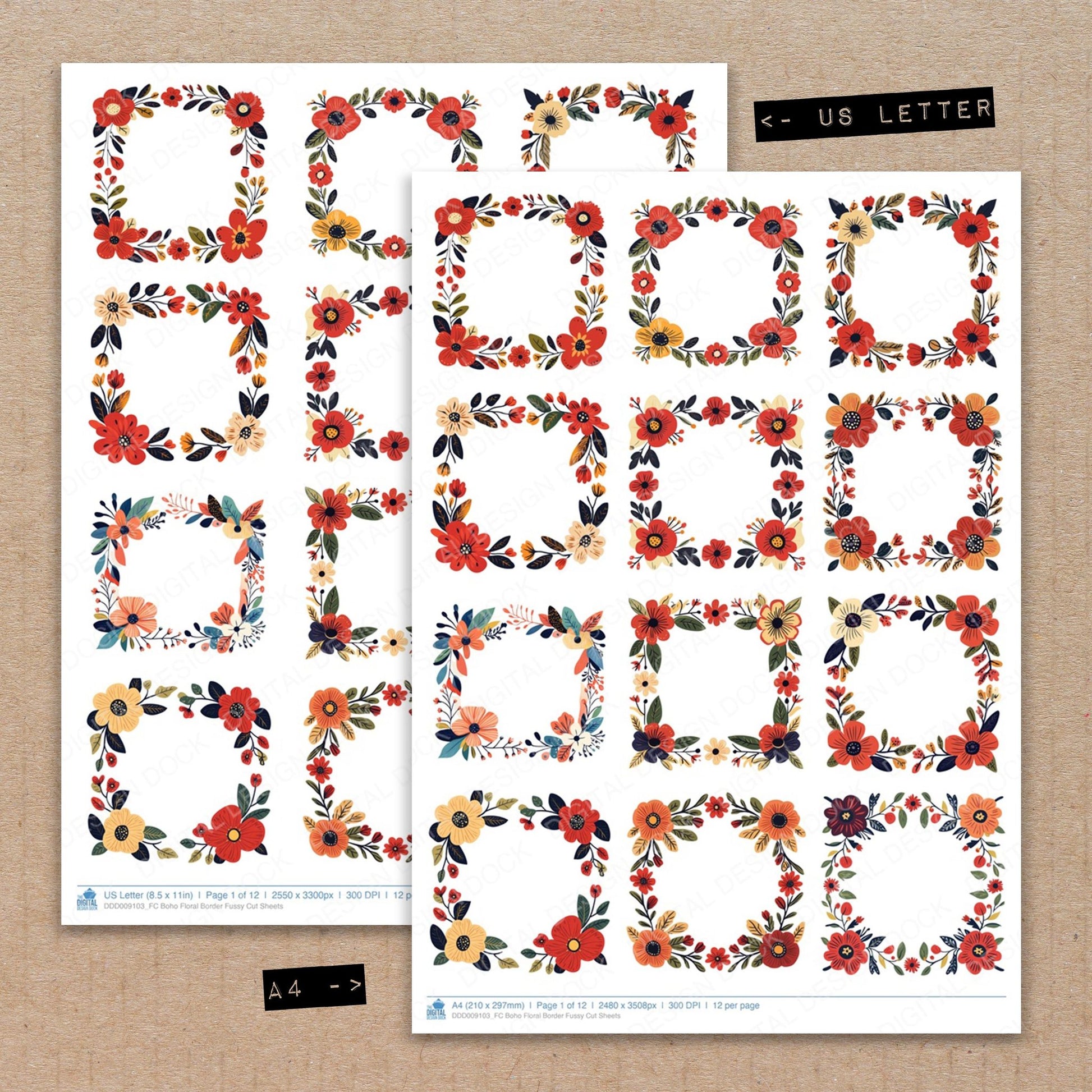A4 and US Letter format comparison showing Boho Floral Border fussy cut pages for print and cut crafting