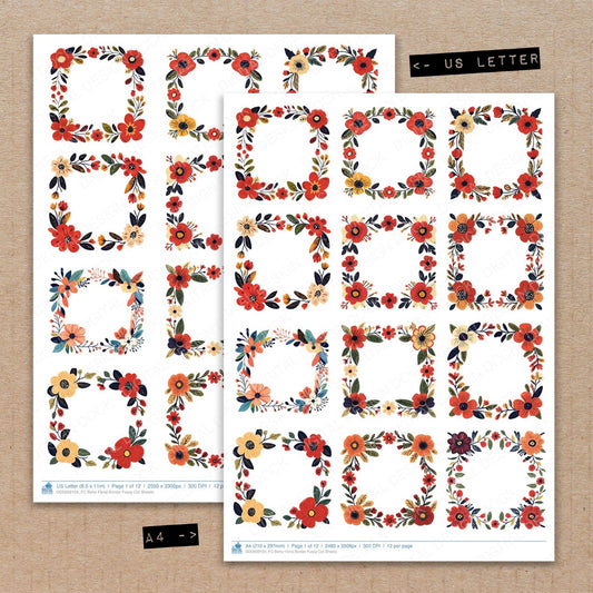 A4 and US Letter format comparison showing Boho Floral Border fussy cut pages for print and cut crafting