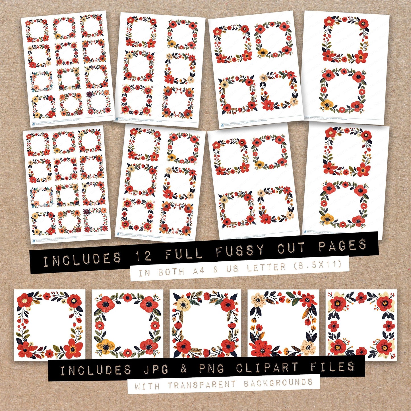 Full collection view of Boho Floral Border fussy cut sheets with bonus clipart JPG and PNG files