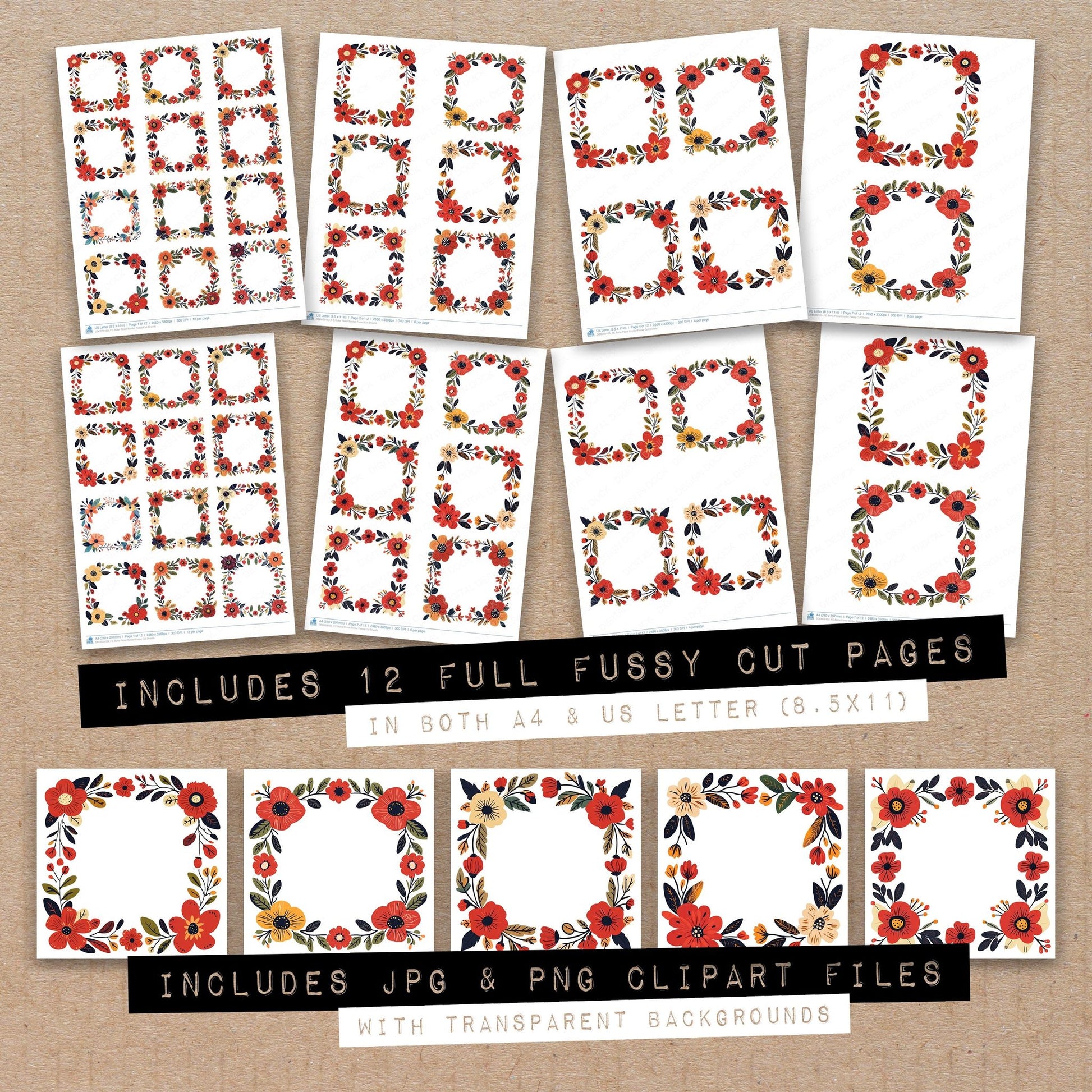 Full collection view of Boho Floral Border fussy cut sheets with bonus clipart JPG and PNG files