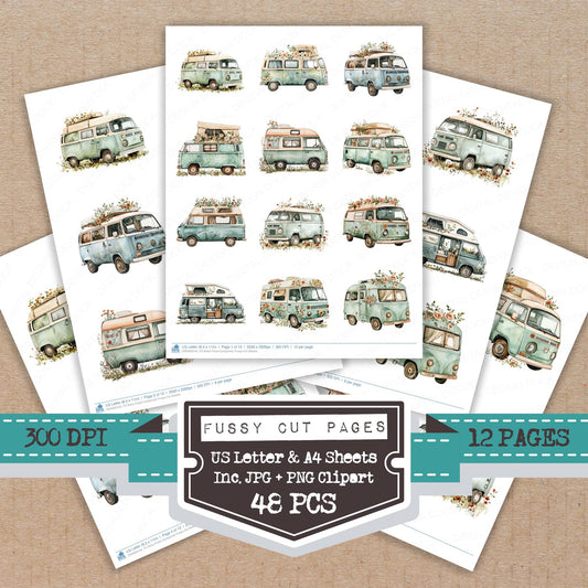 Boho Floral Campervan fussy cut printable sheets for junk journaling, scrapbooking, and paper craft projects