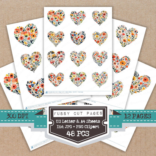Boho Floral Heart Design fussy cut printable sheets for junk journaling, scrapbooking, and paper craft projects