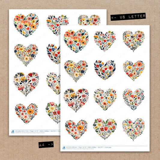 A4 and US Letter format comparison showing Boho Floral Heart Design fussy cut pages for print and cut crafting