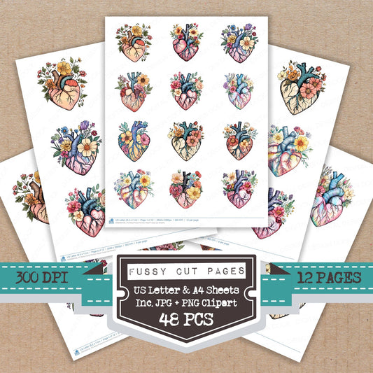 Boho Floral Human Heart fussy cut printable sheets for junk journaling, scrapbooking, and paper craft projects