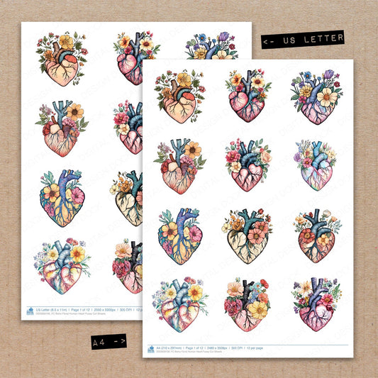 A4 and US Letter format comparison showing Boho Floral Human Heart fussy cut pages for print and cut crafting