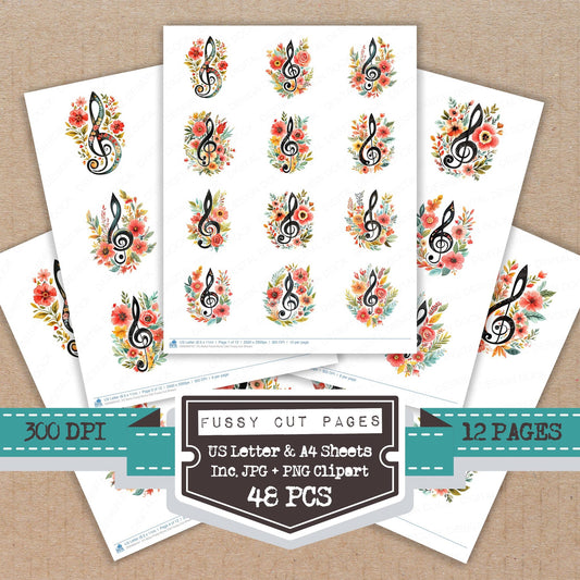 Boho Floral Music Clef fussy cut printable sheets for junk journaling, scrapbooking, and paper craft projects