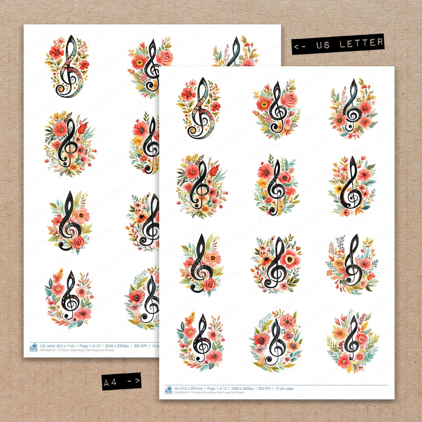 A4 and US Letter format comparison showing Boho Floral Music Clef fussy cut pages for print and cut crafting