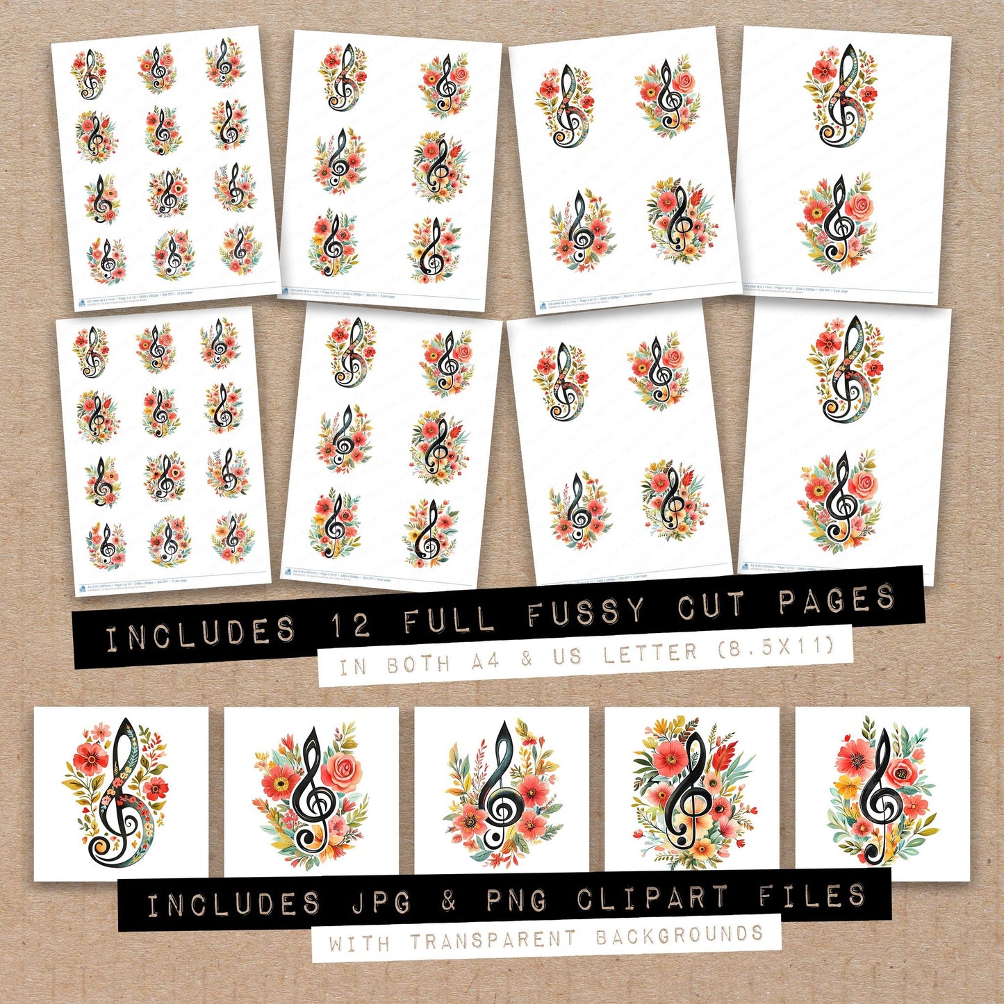 Full collection view of Boho Floral Music Clef fussy cut sheets with bonus clipart JPG and PNG files