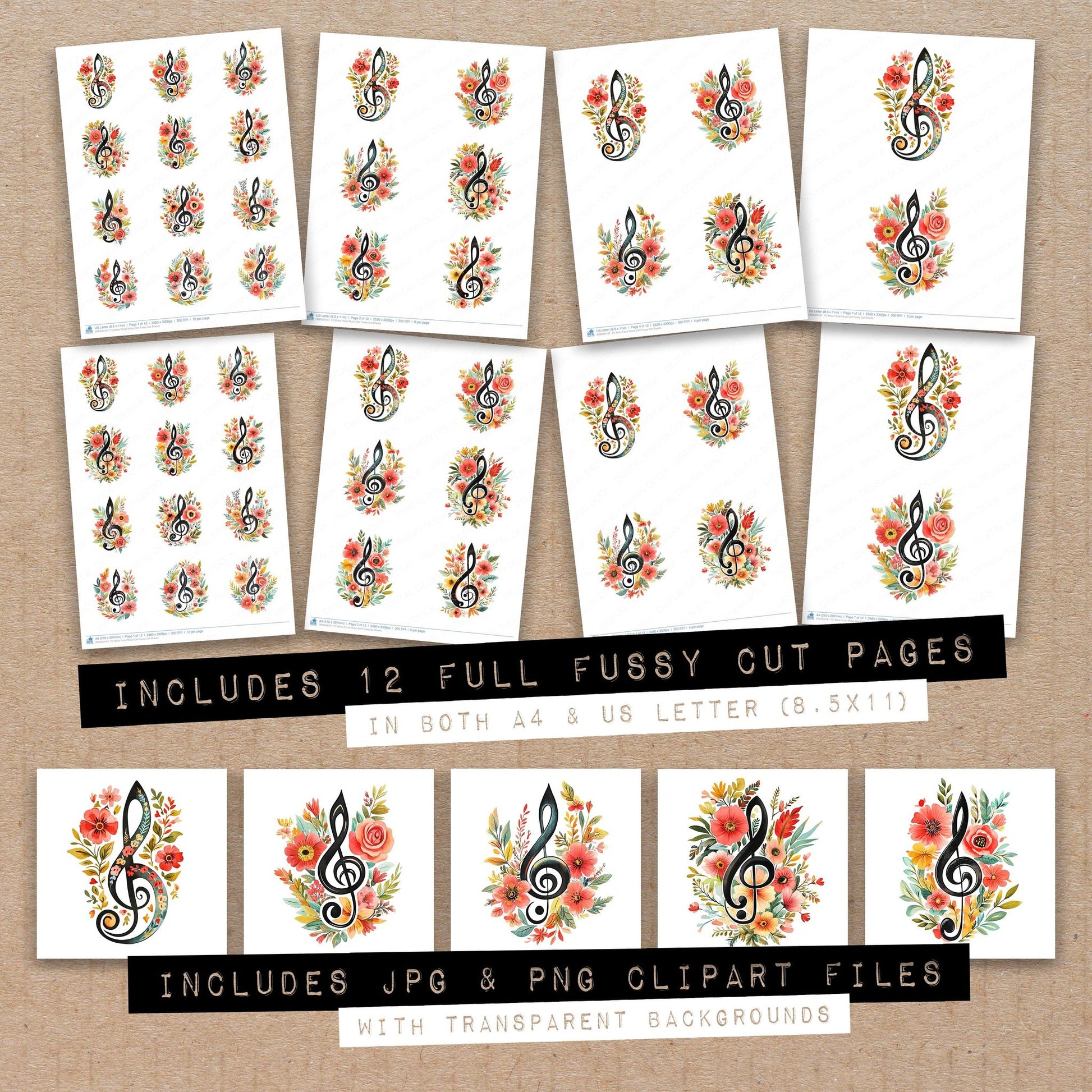 Full collection view of Boho Floral Music Clef fussy cut sheets with bonus clipart JPG and PNG files