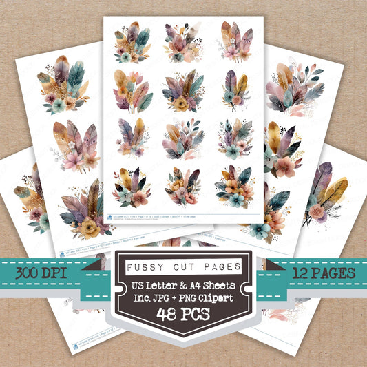 Boho Floral Rainbow fussy cut printable sheets for junk journaling, scrapbooking, and paper craft projects