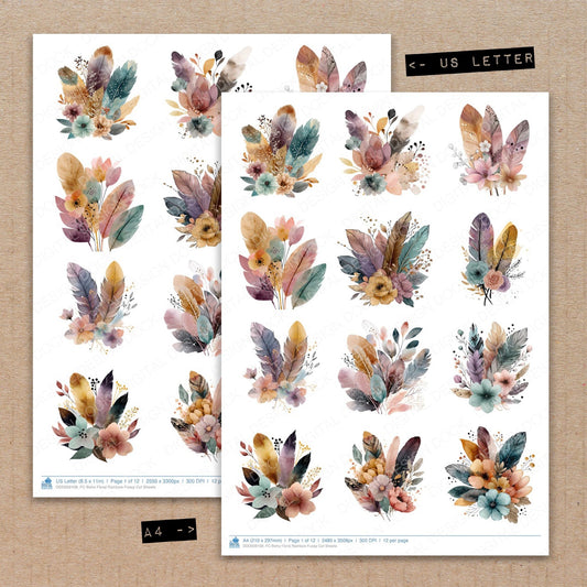 A4 and US Letter format comparison showing Boho Floral Rainbow fussy cut pages for print and cut crafting