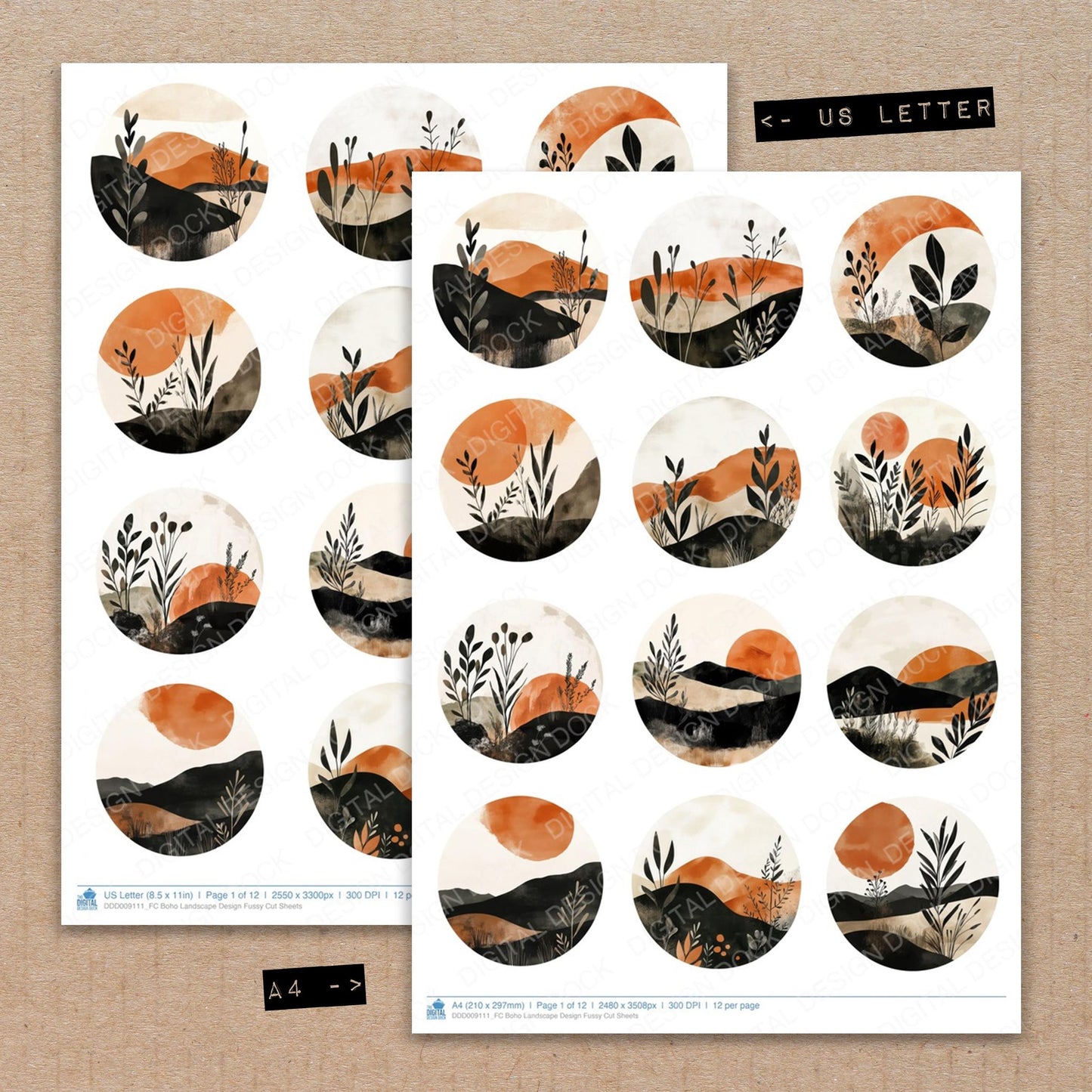 A4 and US Letter format comparison showing Boho Landscape Design fussy cut pages for print and cut crafting