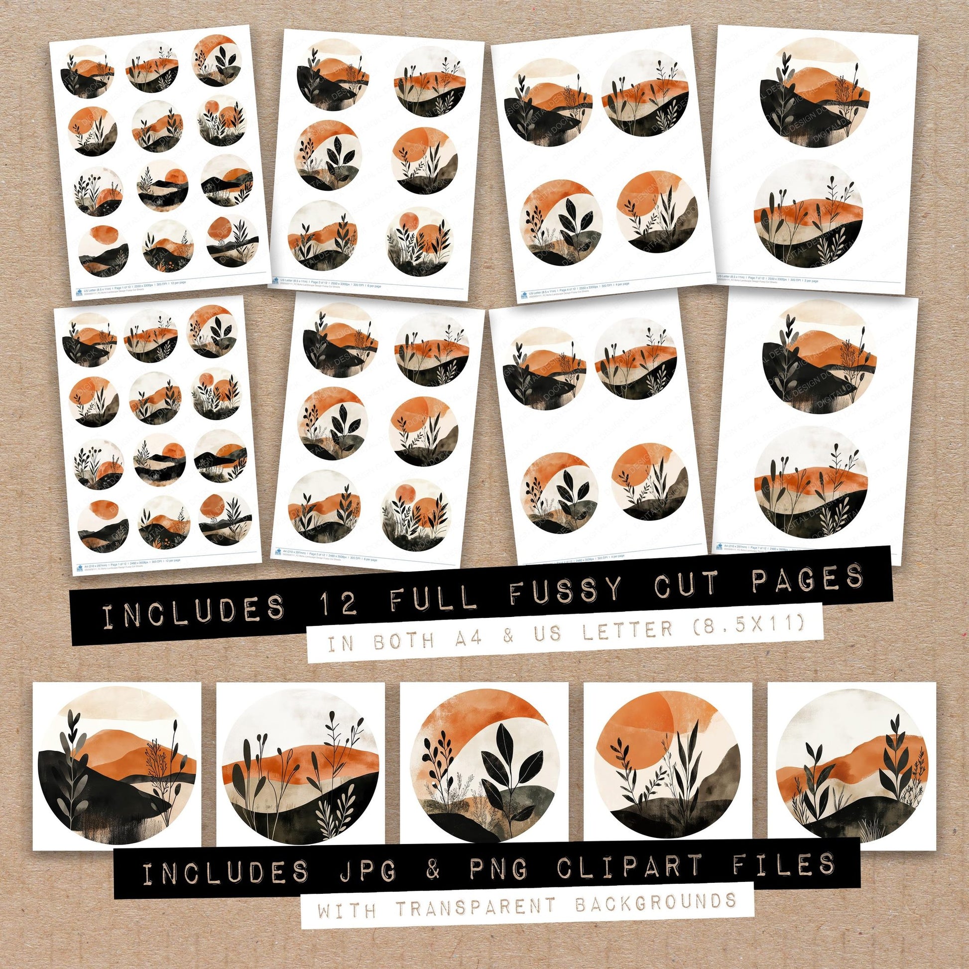 Full collection view of Boho Landscape Design fussy cut sheets with bonus clipart JPG and PNG files