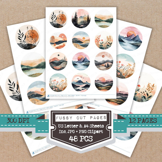 Boho Landscape Round Design fussy cut printable sheets for junk journaling, scrapbooking, and paper craft projects