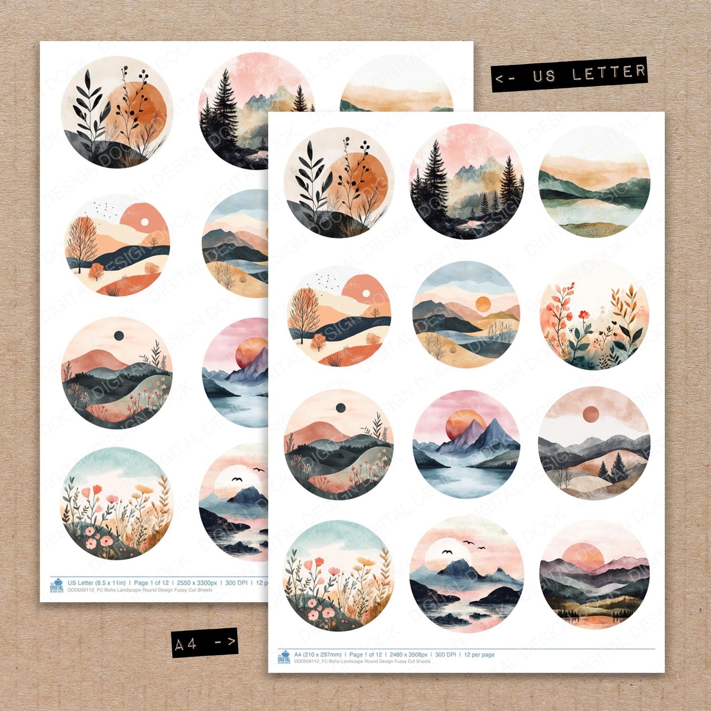 A4 and US Letter format comparison showing Boho Landscape Round Design fussy cut pages for print and cut crafting