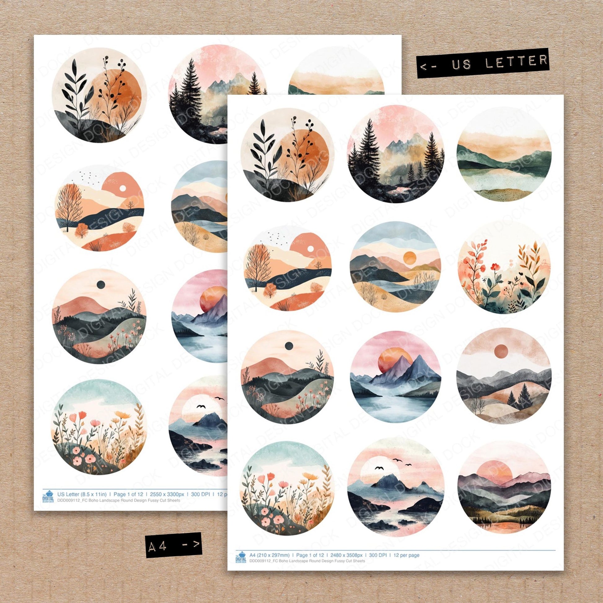 A4 and US Letter format comparison showing Boho Landscape Round Design fussy cut pages for print and cut crafting