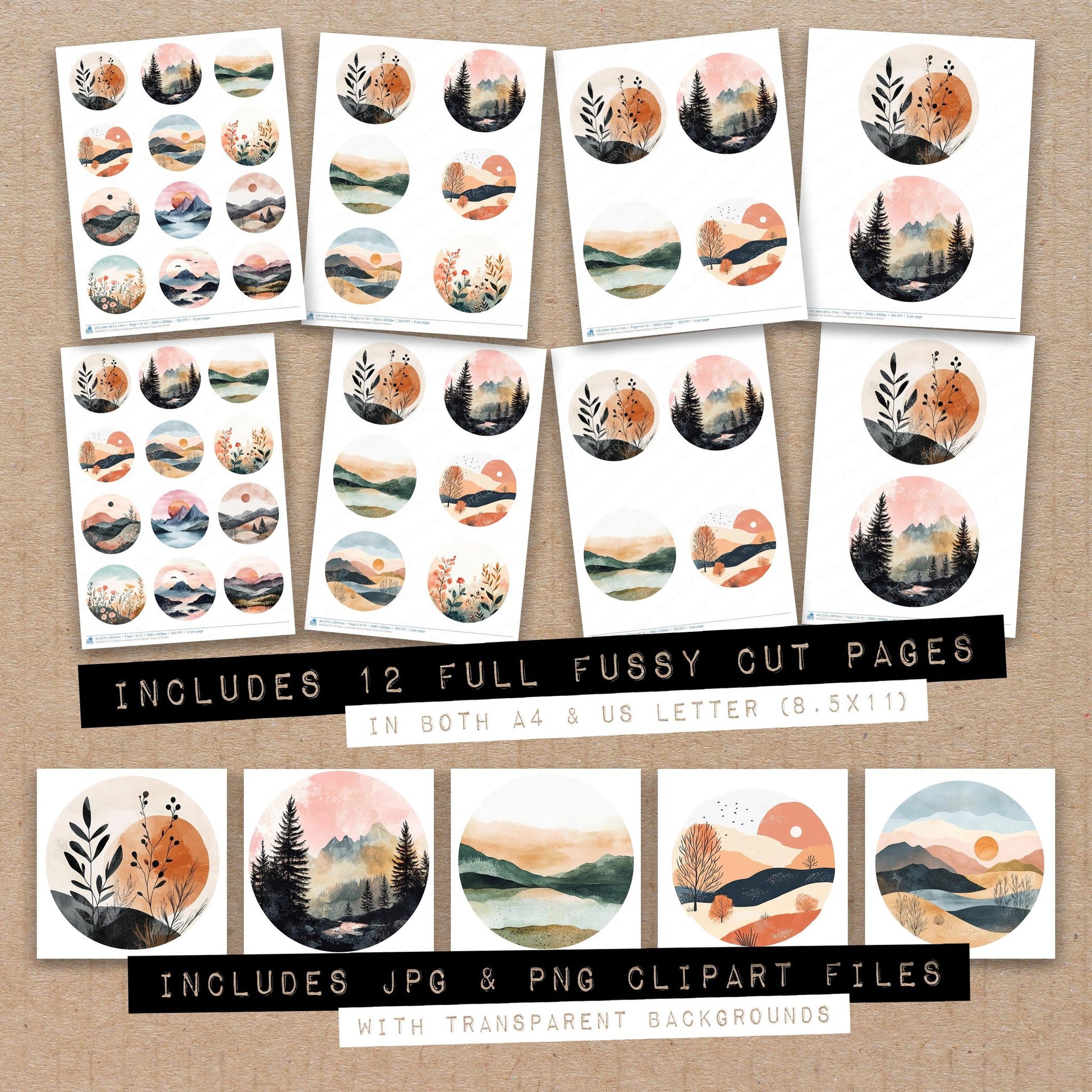 Full collection view of Boho Landscape Round Design fussy cut sheets with bonus clipart JPG and PNG files