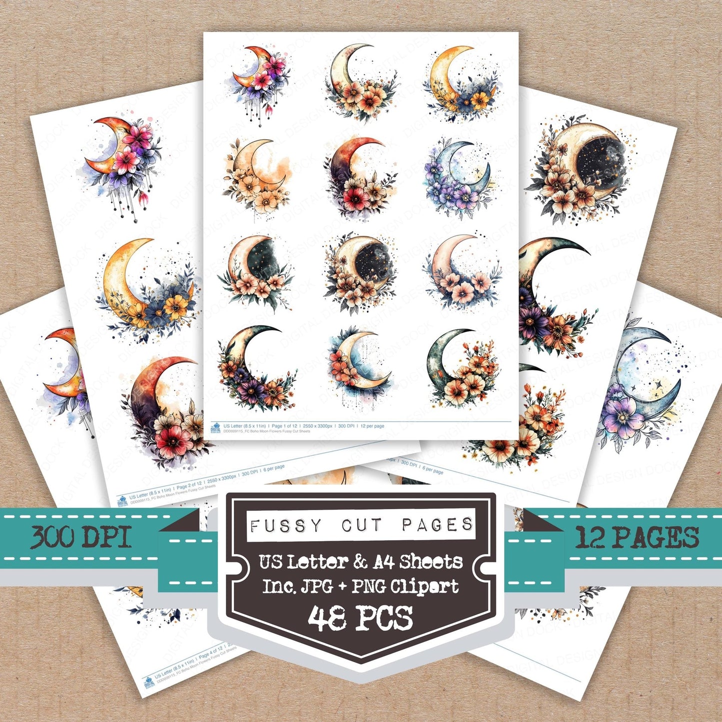 Boho Moon Flowers Fussy Cut Sheets (DDD009115)