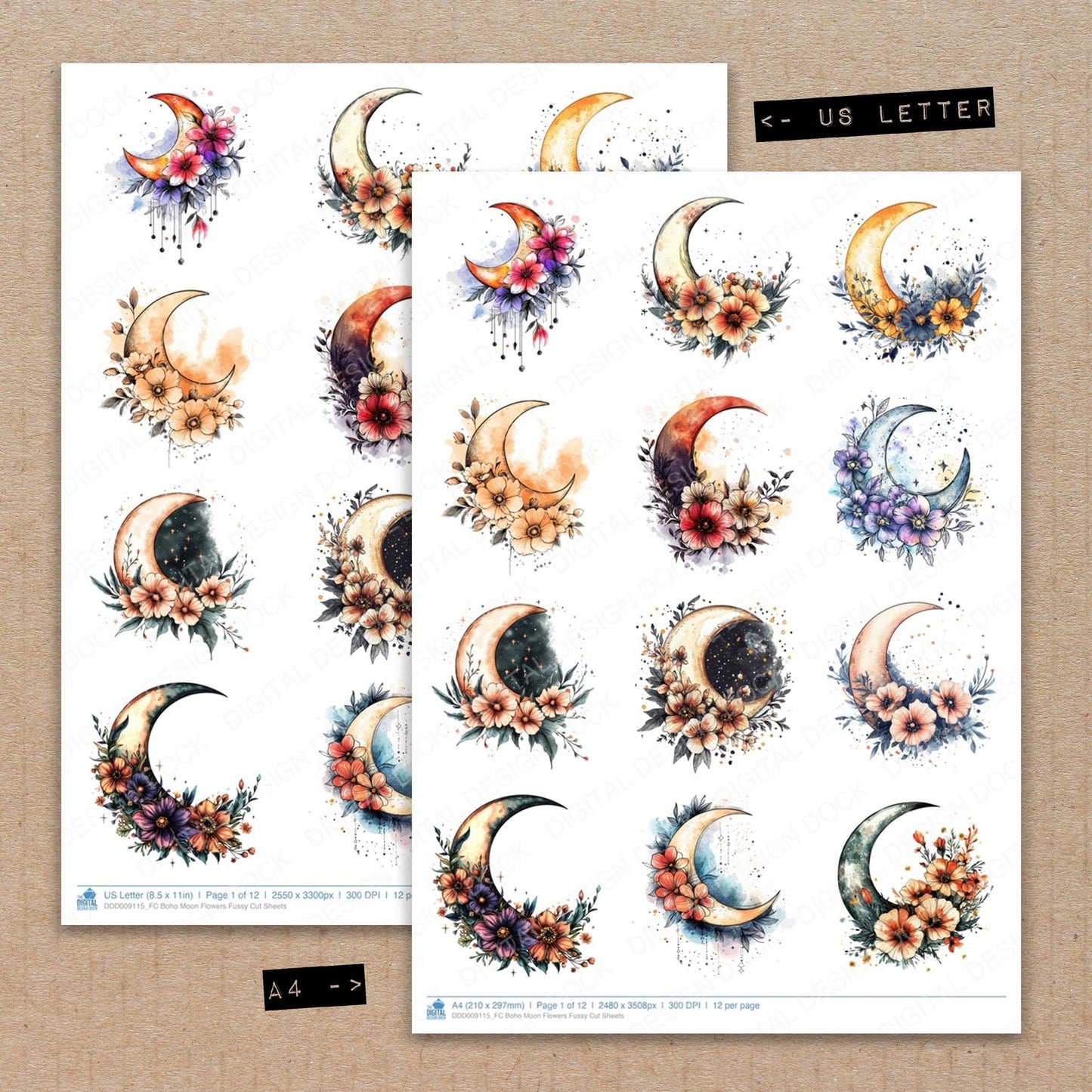 Boho Moon Flowers Fussy Cut Sheets (DDD009115)