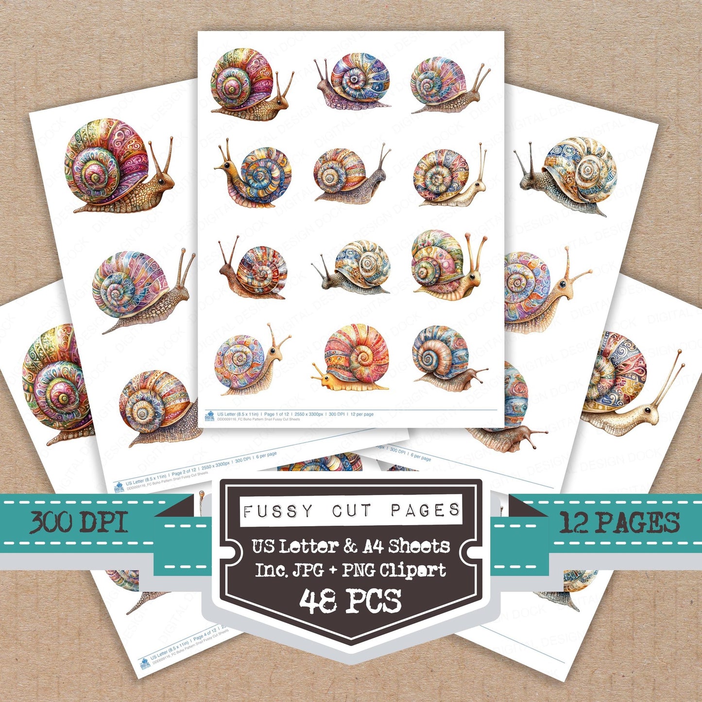 Boho Pattern Snail fussy cut printable sheets for junk journaling, scrapbooking, and paper craft projects