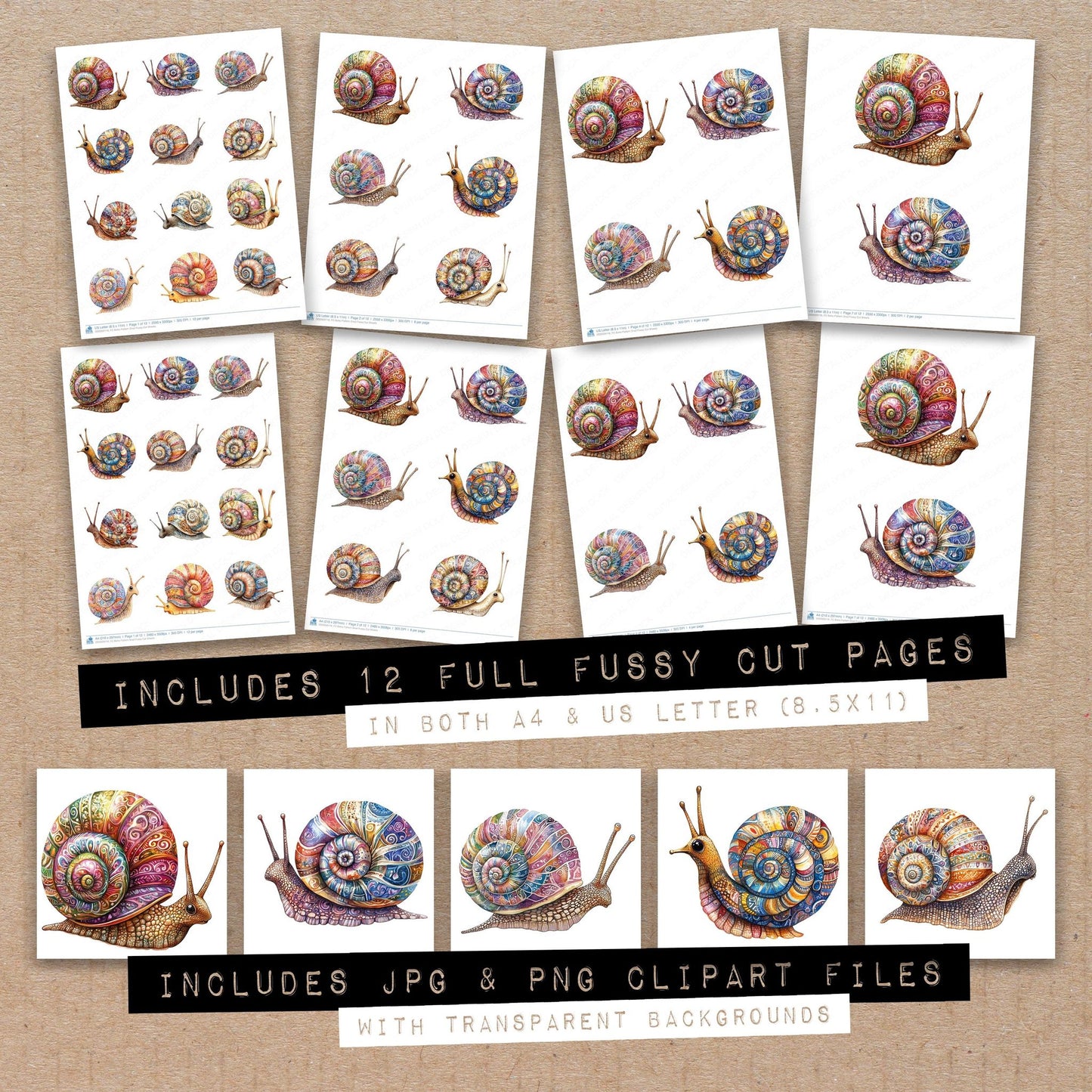 Full collection view of Boho Pattern Snail fussy cut sheets with bonus clipart JPG and PNG files