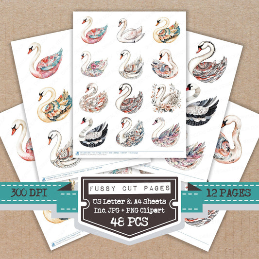 Boho Swan fussy cut printable sheets for junk journaling, scrapbooking, and paper craft projects