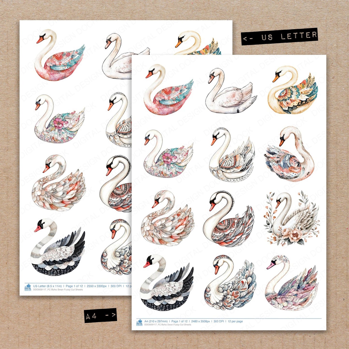 A4 and US Letter format comparison showing Boho Swan fussy cut pages for print and cut crafting