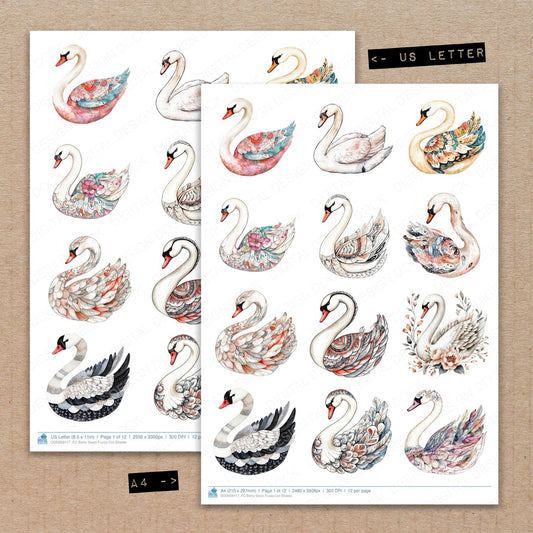 A4 and US Letter format comparison showing Boho Swan fussy cut pages for print and cut crafting